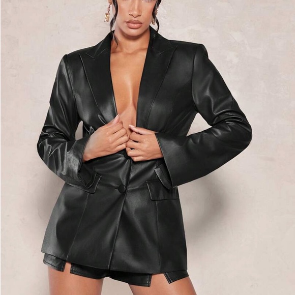 Black Faux Leather Jacket Blazer PU Leather - Picture 9 of 13